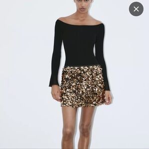 NWT ZARA Gold Sequin Mini Skirt Size S | NYE Holiday Party Metallic Disco